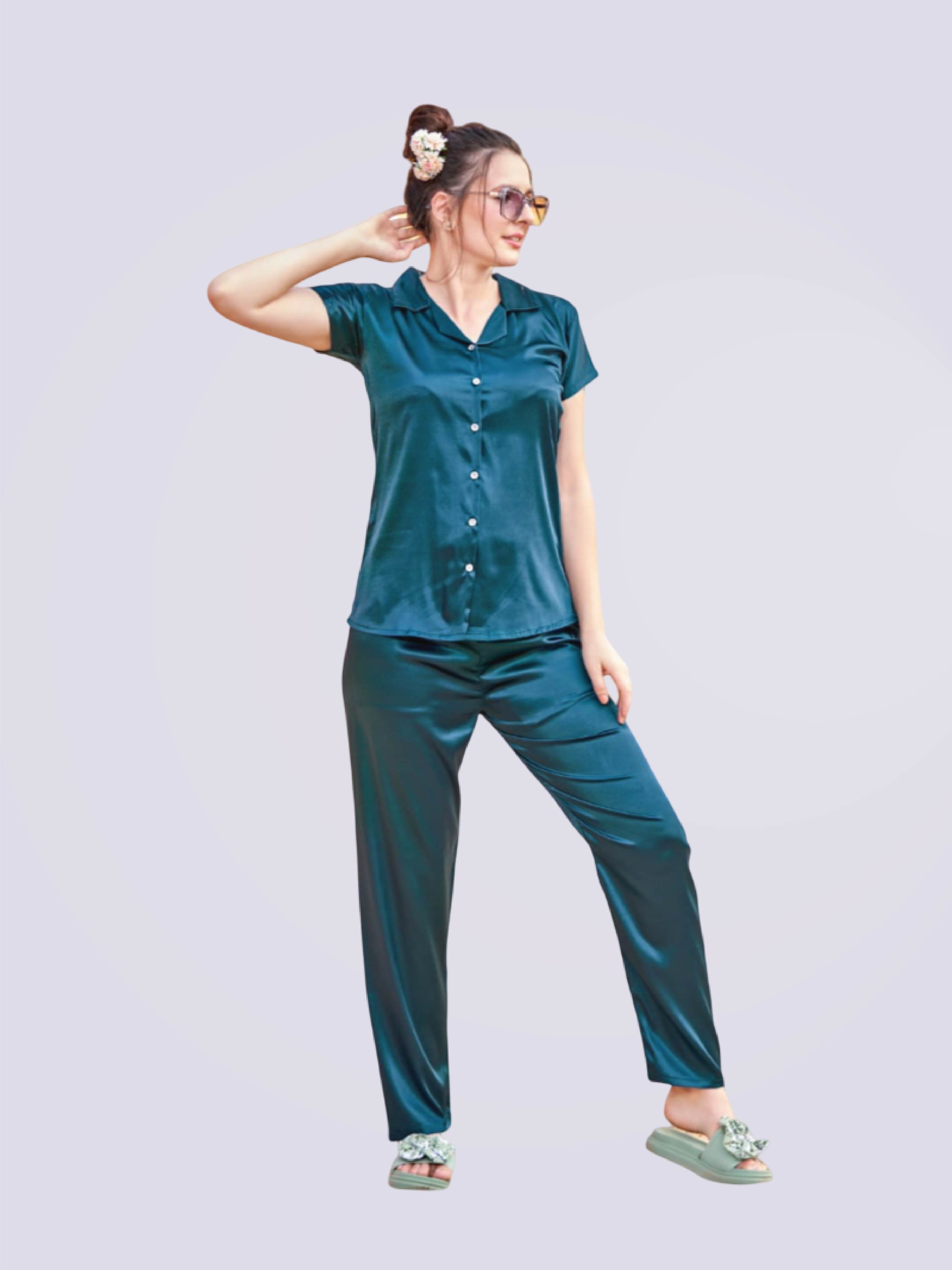 Satin Shirt & Lounge Pant Night Suit In Blue - Bold And Bae Fashion